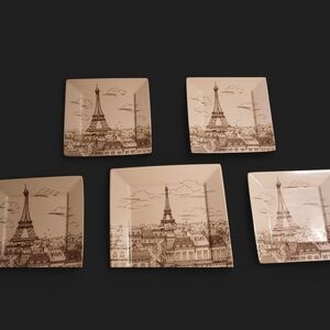 222 Fifth Eiffel Tower Square Dinner Plates - Cream and Brown